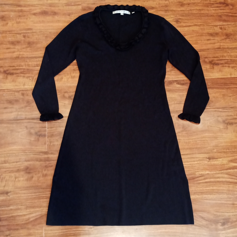 Max Studio Long Sleeve Ruffle Collar Black Dress, M
